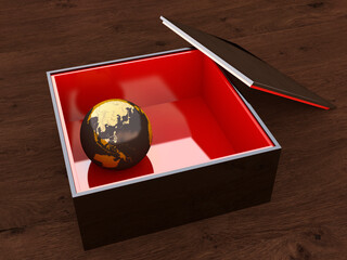 Illustration of close-up of black, lacquer case with red interior, displaying a marble covered with map of Asia, studio shot