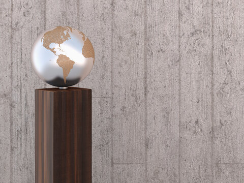 Fototapeta Illustration of metal globe on wooden stand, showing North and South America, studio shot on grey, wooden background