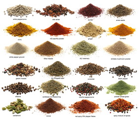 Big set different spices isolated on white, side view, clipping path