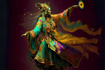 Cosmic shaman in her eternal dance, female shaman creating the world, dance and moves creating the spirit world, spirituality, shamanism, spirits, cosmos, universe, illustration, generated art