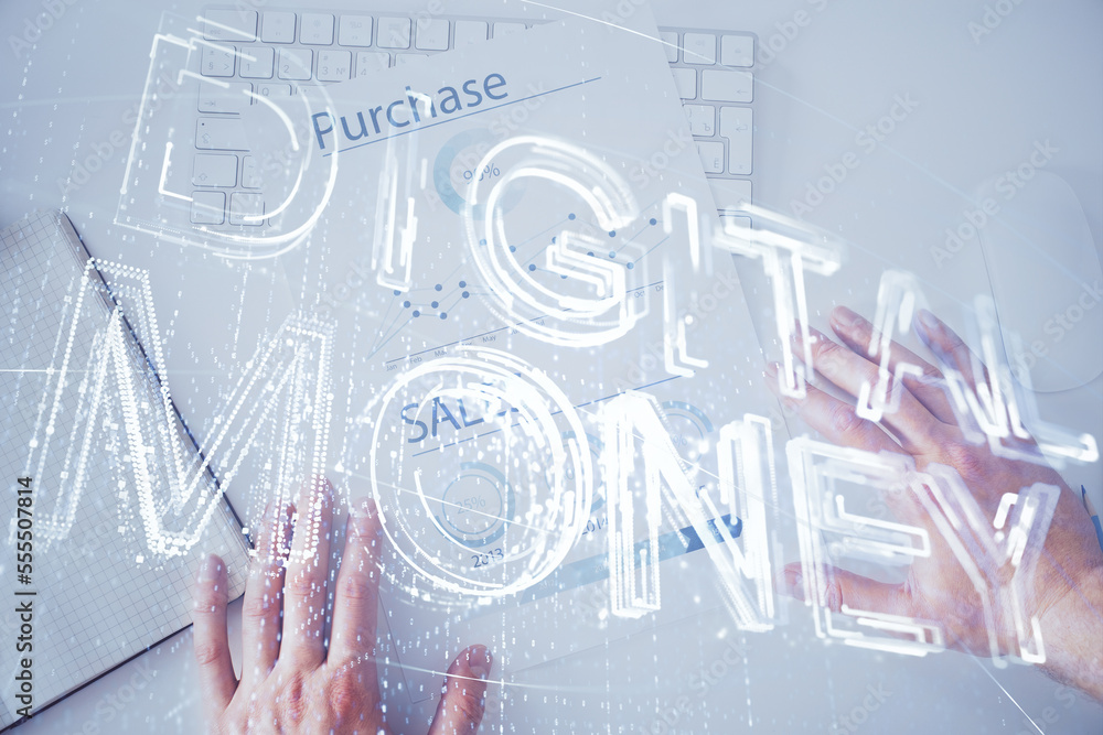 Poster Man's hands working with notes background. Cryptocurrency and finance concept.