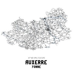 Black and white map of Auxerre, Yonne, France.