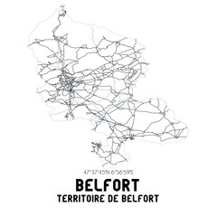 Black and white map of Belfort, Territoire de Belfort, France.