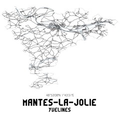 Black and white map of Mantes-la-Jolie, Yvelines, France.