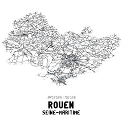 Black and white map of Rouen, Seine-Maritime, France.