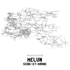 Black and white map of Melun, Seine-et-Marne, France.