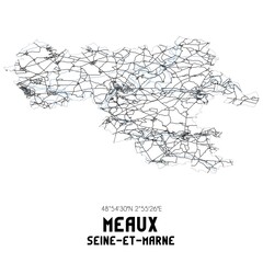 Black and white map of Meaux, Seine-et-Marne, France.