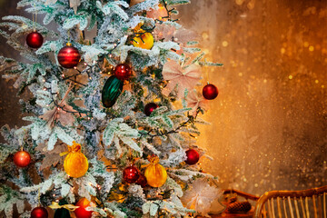 christmas background with decorated toys and Сhristmas tree lights garlands. Holiday eve. Decoration. Greeting card. Merry Christmas and New Year. Bokeh and sparkles. place for text