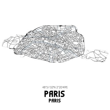 Black and white map of Paris, Paris, France.