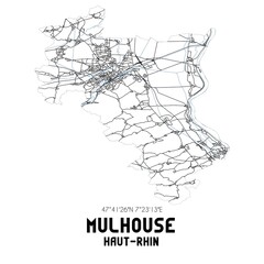 Black and white map of Mulhouse, Haut-Rhin, France.