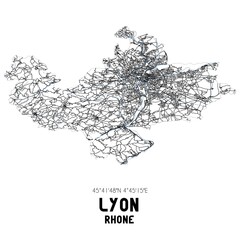 Black and white map of Lyon, Rh�ne, France.