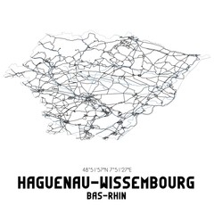 Black and white map of Haguenau, Bas-Rhin, France.