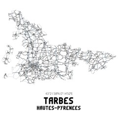 Black and white map of Tarbes, Hautes-Pyr�n�es, France.