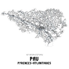 Black and white map of Pau, Pyr�n�es-Atlantiques, France.