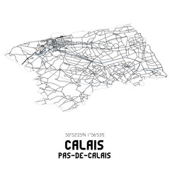 Black and white map of Calais, Pas-de-Calais, France.