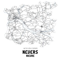 Black and white map of Nevers, Ni�vre, France.