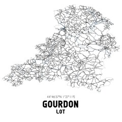 Black and white map of Gourdon, Lot, France.