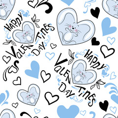 Seamless Valentine's Day doodle pattern in blue and black. A pattern of lettering, hearts, bunnies and monograms. Vector illustration.