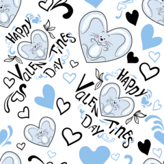 Meubelstickers Seamless Valentine's Day doodle pattern in blue and black. A pattern of lettering, hearts, bunnies and monograms. Vector illustration. © Ольга Ева