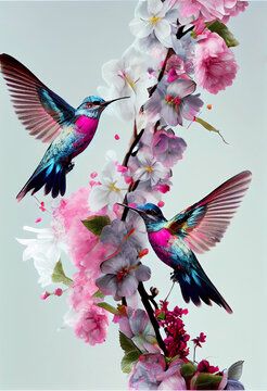 hummingbird and flowers on white background - ai art