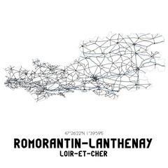 Black and white map of Romorantin-Lanthenay, Loir-et-Cher, France.