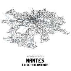 Black and white map of Nantes, Loire-Atlantique, France.