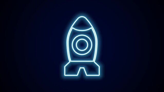 Glowing neon line Rocket ship toy icon isolated on black background. Space travel. 4K Video motion graphic animation