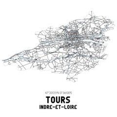 Black and white map of Tours, Indre-et-Loire�, France.