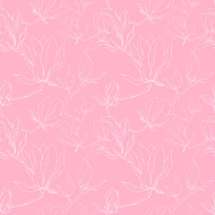 Fototapeta na wymiar Pink background. Abstraction. Vector seamless pattern of magnolias. Magnolia silhouette. Spring. Bloom. Monochrome. Abstract print. Home textiles.