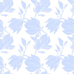 Drawn magnolias seamless pattern. Magnolia silhouette on a white background. Vector floral print. Home textiles. Spring. Flowering trees. ink. Sketch.
