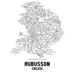 Black and white map of Aubusson, Creuse, France.