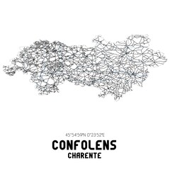 Black and white map of Confolens, Charente, France.