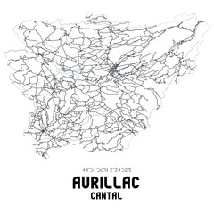 Black and white map of Aurillac, Cantal, France.