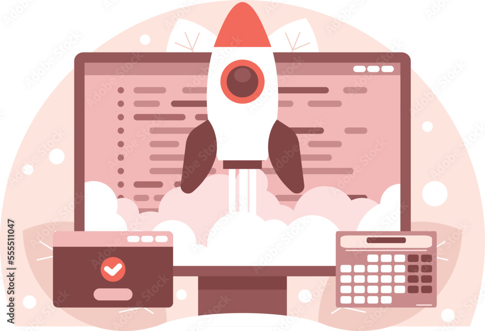 Fototapete startup concept. rocket launch from computer display. vector graphics