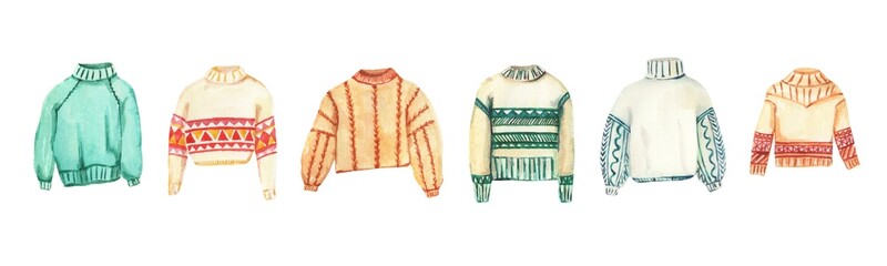 Obraz premium Watercolor sweaters illustration. Fall aesthetic. Autumn warm. Winter illustration. Cozy sweater. Design for cards, logo, package