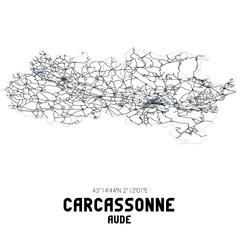 Black and white map of Carcassonne, Aude, France.