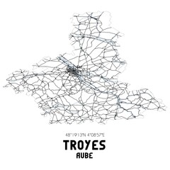 Black and white map of Troyes, Aube, France.