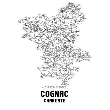 Black and white map of Cognac, Charente, France.