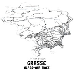 Black and white map of Grasse, Alpes-Maritimes, France.