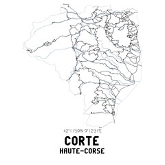 Black and white map of Corte, Haute-Corse, France.