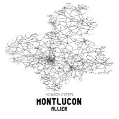 Black and white map of Montlu�on, Allier, France.
