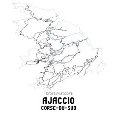 Black and white map of Ajaccio, Corse-du-Sud, France.
