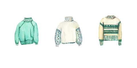 Watercolor sweaters illustration. Hygge style. Fall or winter season. Warm cloth for cold season. Design for greetings, package, wrapping paper, logo, decor, home decoration.