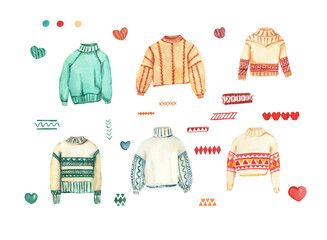 Watercolor winter illustration. Winter sweaters illustration. Colorful sweater. Cozy season. Design for packing, cards.