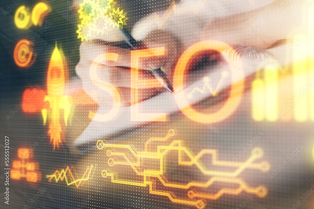 Poster multi exposure of woman's hands making notes with seo icon. concept of search engine optimization