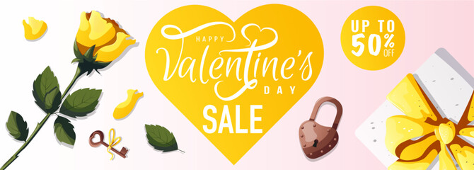 Banner design for Happy Valentine's Day with yellow roses, gift box and hearts. Romance, Love concept. Vector illustration for poster, banner, advertising, invitation, flyer, cover.	
