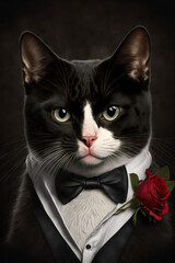 Studio Photo Illustration of a Tuxedo black and white cat, wearing a bow tie, on a studio background
generative ai