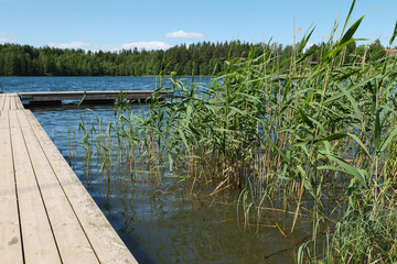 See mit Badesteg und Schilf, auf der anderen Uferseite ist ein Wald. Gesehen auf dem St. Olavsweg...