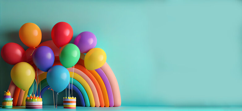 Birthday Or Anniversary Party In Motion With Full Of Colorful Balloons With Rainbow Colors , Use It As A Background Or Greeting Or Setup Party Room.  Generative Ai    