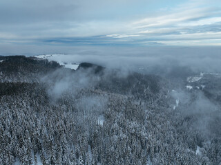Mountains and forest covered with snow and clouds
